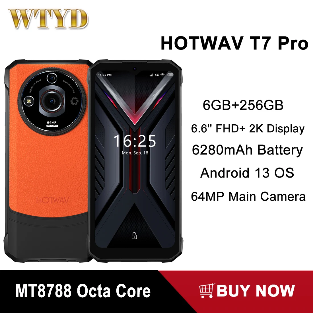 HOTWAV T7 Pro Rugged Smartphone 12(6+6)GB+256GB 6.6'' FHD+ 2K 6280mAh MobilePhone 64MP Android 13 Cellphone