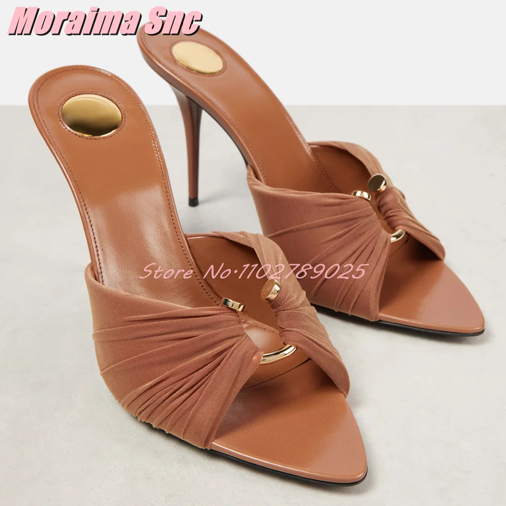 

Metal Ring Pleated Pouinted Toe Mules Stiletto High Heel Brown Solid Sexy Fashion Women's Dress Slippers Slip On 2025 New Summer