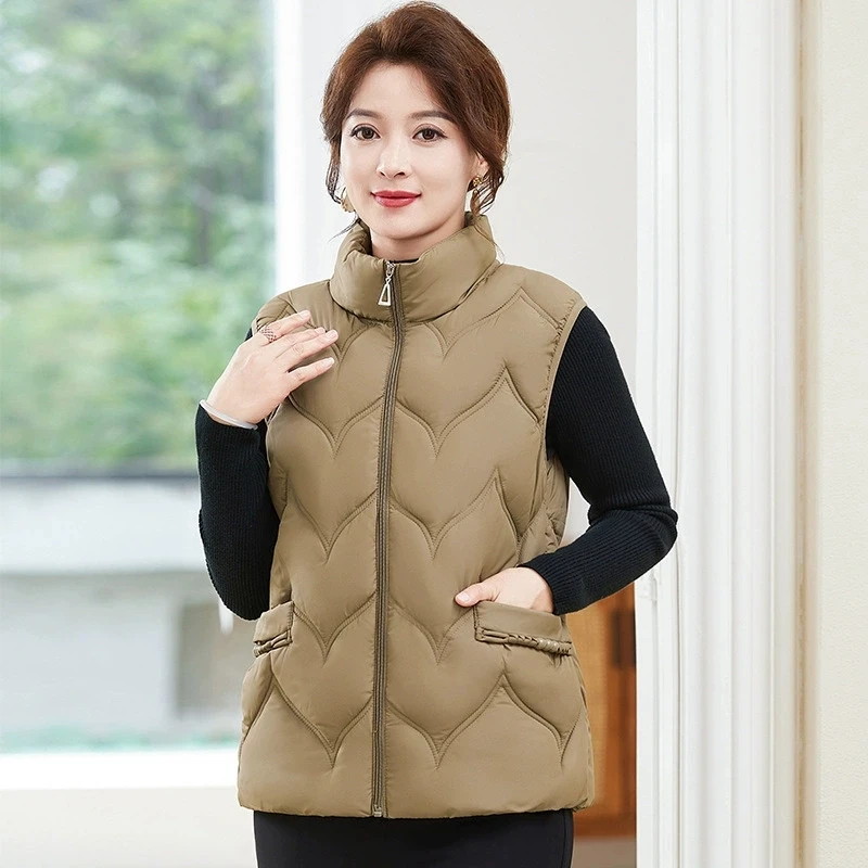 

2025 New Women Down Cotton Vest Large Size Stand Collar Cotton Waistcoat Middle-Aged Women Warm Vest Top Autumn Winter Waistcoat