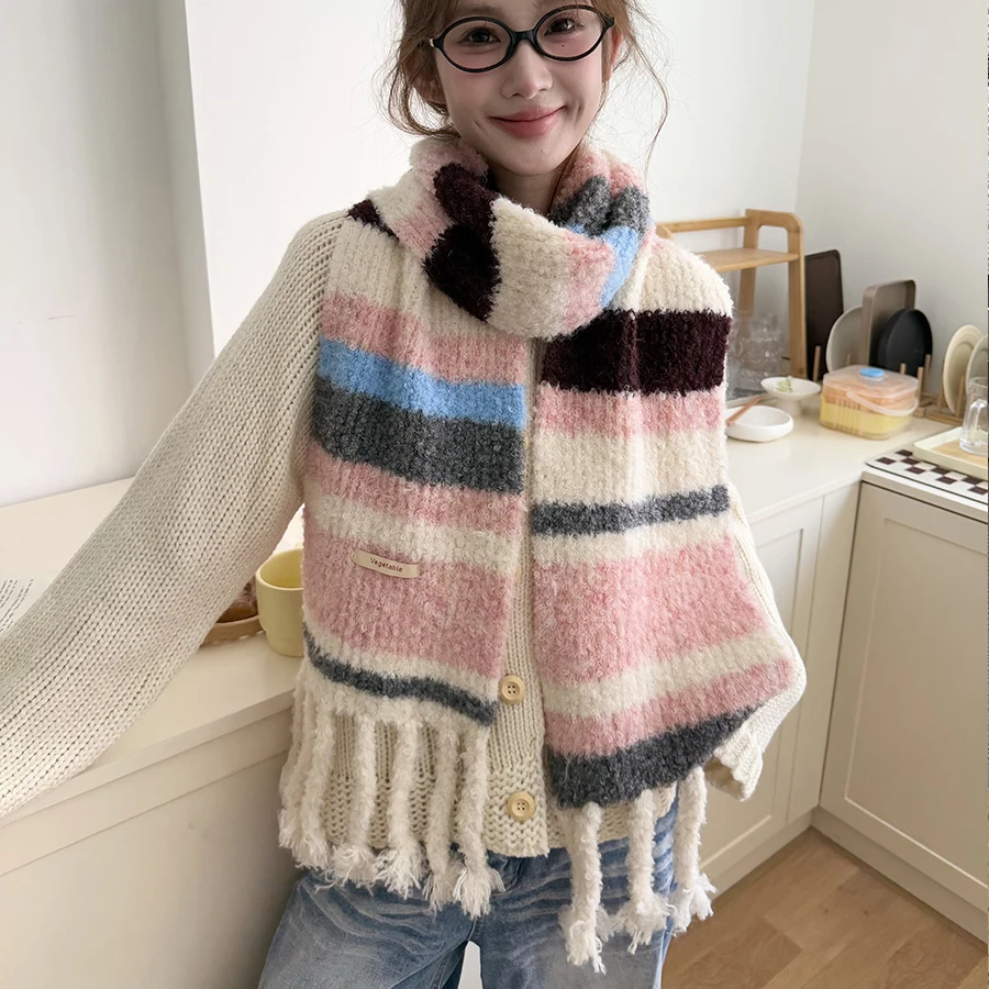 

Комфортный теплый шерстяной шарф, длинный модный цветной шарф в полоску, вязаный шарф, зимний толстый шейный платок, новинка, витые кисточки