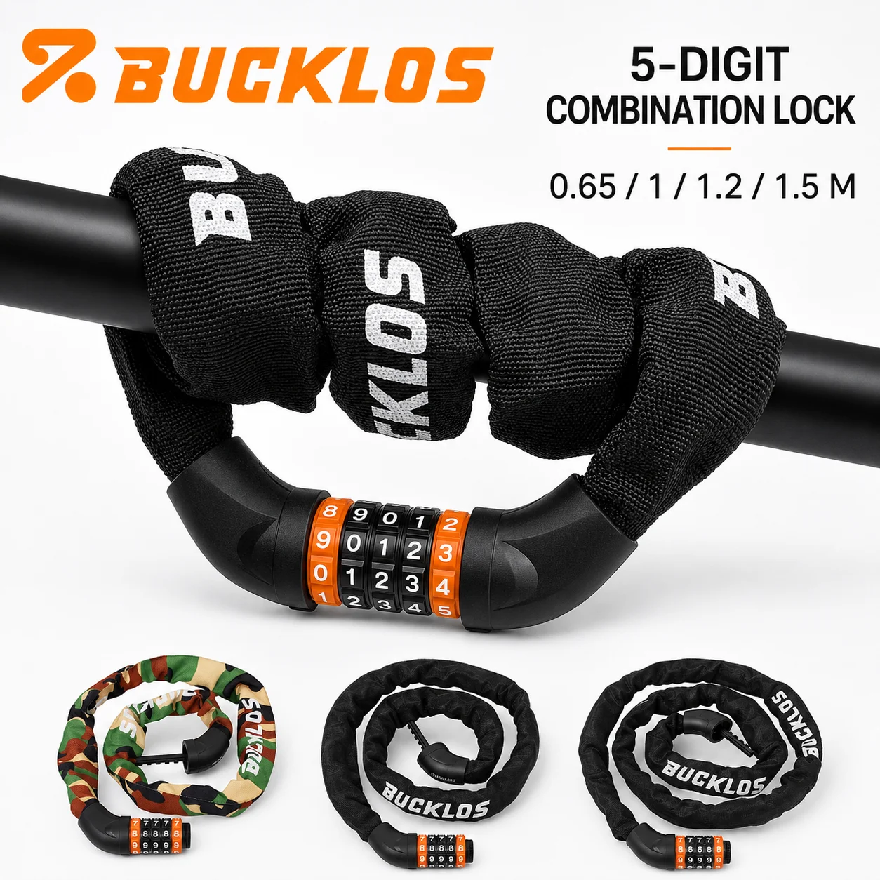 BUCKLOS 5 Digit Bicycle Chain Lock Zinc Alloy Combination Password Lock 0.65/1/1.2/1.5M for Bike Cycling Security