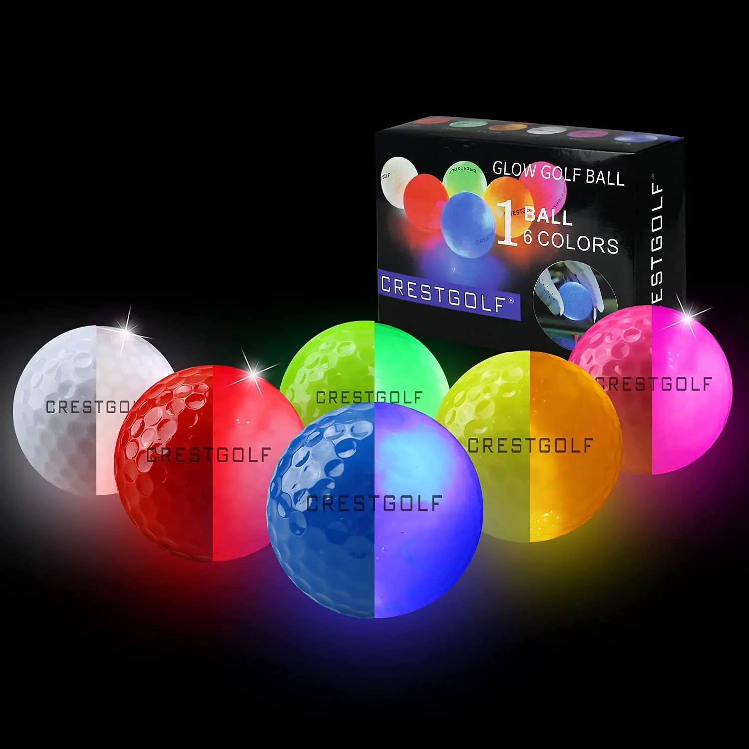 Crestgolf LED Golf Balls for Night Glow in The Dark Golf Ball with 4 Light Super Bright Six Colors Best Golf Gift for Golfers