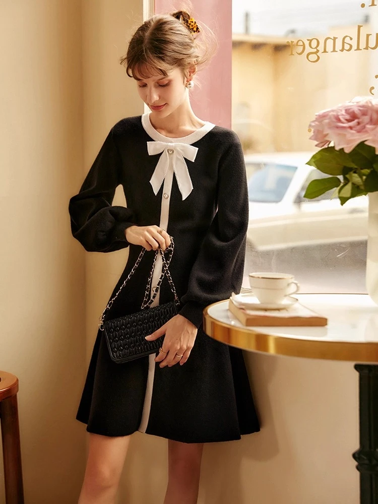 

OLrain Women's French Dress Solid Knitted O-neck Lantern Sleeve Dresses 2025 Autumn Winter Bow Commute Woman Clothing O21DL59031