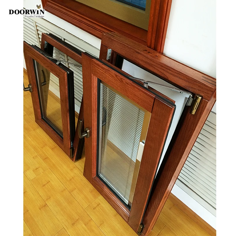 2023 Best Prices American Custom Design Red Oak Wooden Frame Casement Windows With Built-In Shutter Tilt And Turn Windows