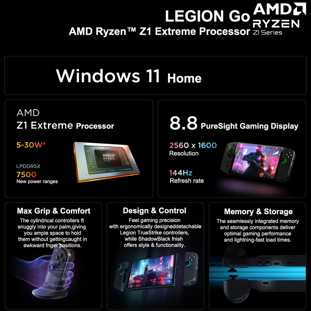 كمبيوتر الألعاب Legion Go 8.8 بوصة 144 هرتز WQXGA بشاشة لمس محمولة AMD Ryzen Z1 Extreme 16GB RAM 512GB SSD Shadow Black