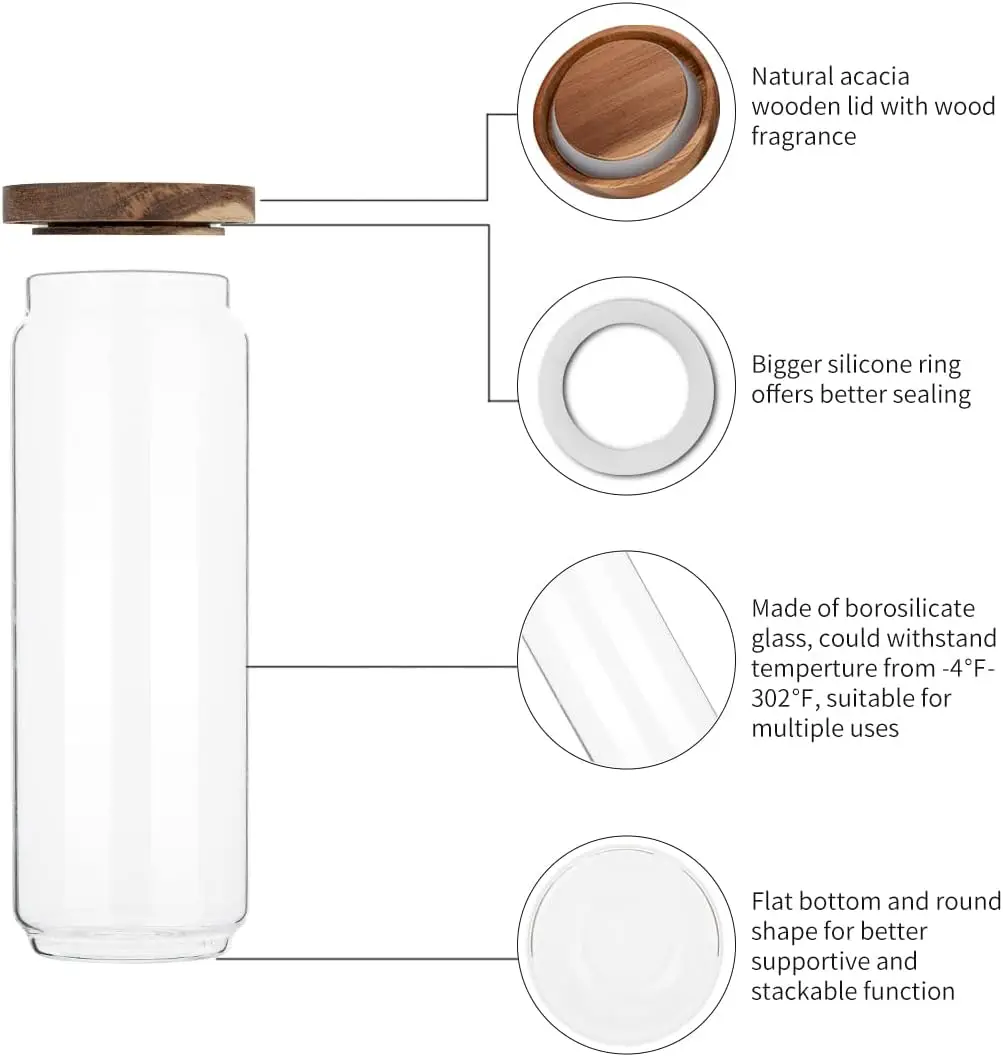 4 مجموعات متوفرة، 2 قطعة برطمانات تخزين الطعام الزجاجية، حاويات المطبخ مع أغطية خشبية محكمة الغلق للمعكرونة والكوكيز والمكسرات والقهوة