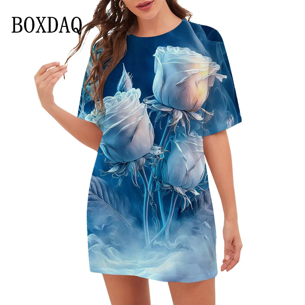 Romantic 3D Rose Flower Print Dresses For 2023 New Fashion Women Short Sleeve Mini Dress Loose Oversized Summer Clothing Vestido