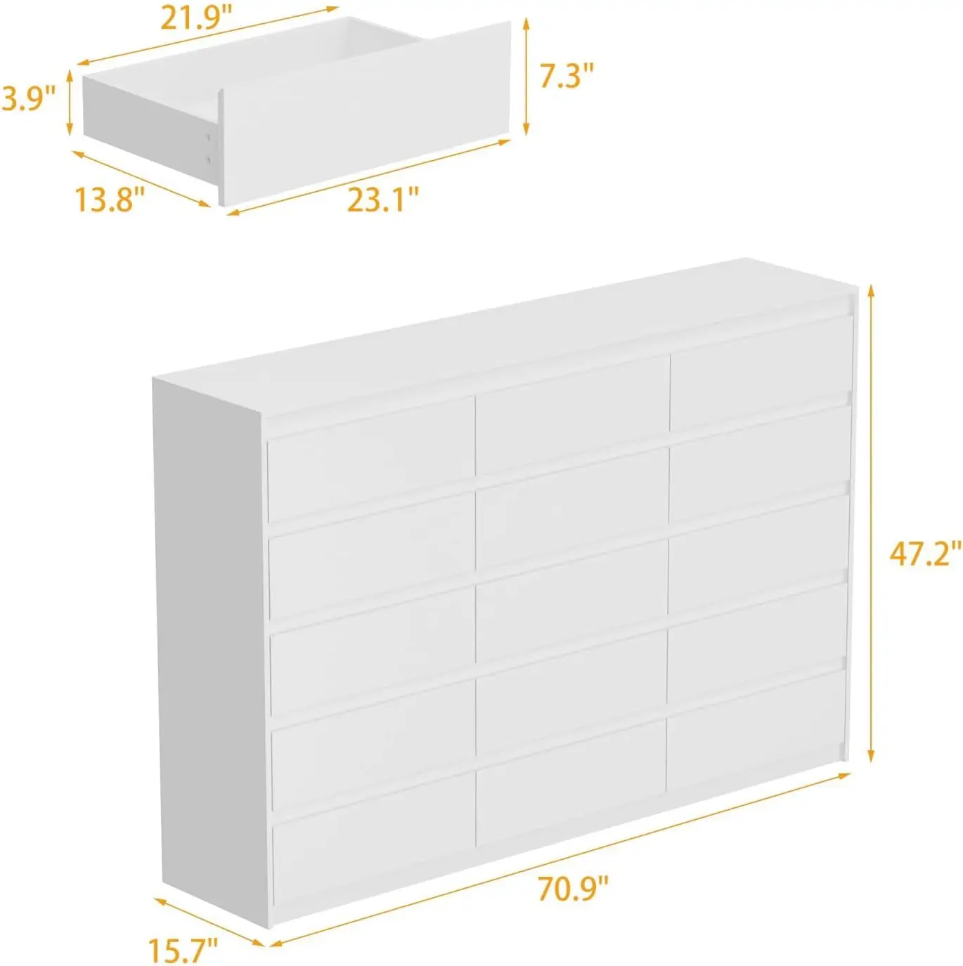 70.9” Dresser Chest, Modern Dresser 15 Drawer Chest for Living Room Bedroom, No Handle Design, White 15.7”D x 70.9”W x 47.2”H