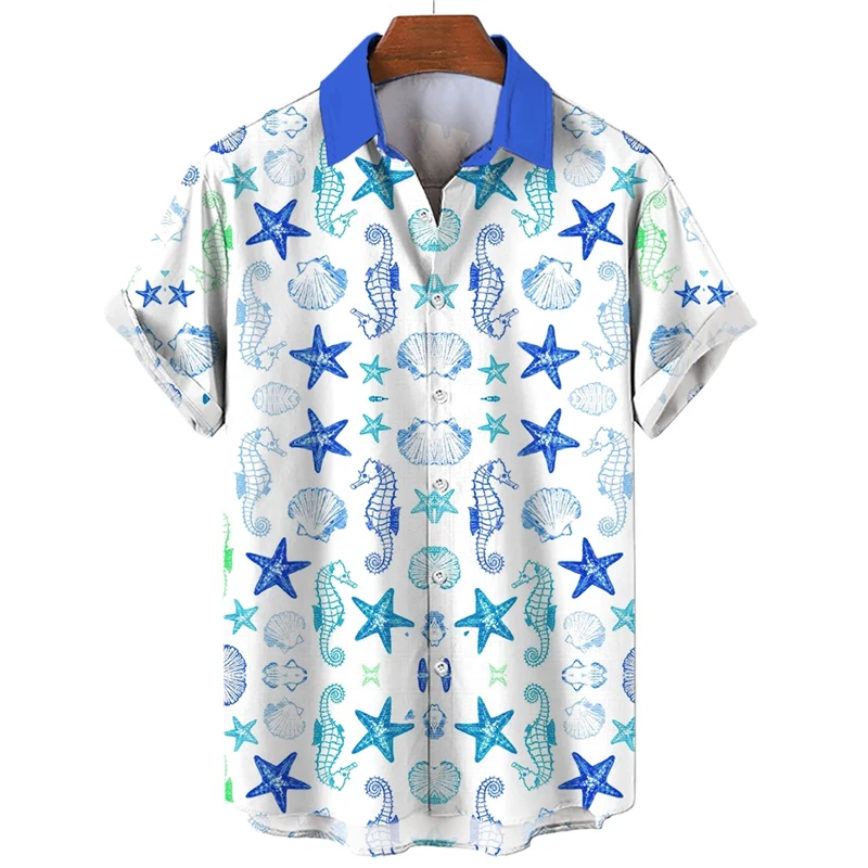 

Star Fish Shell Animal 3D Printed Shirts For Men Clothes Undersea Life Seahorse Graphic Blouses Hawaiian Vacation Lapel Blouse