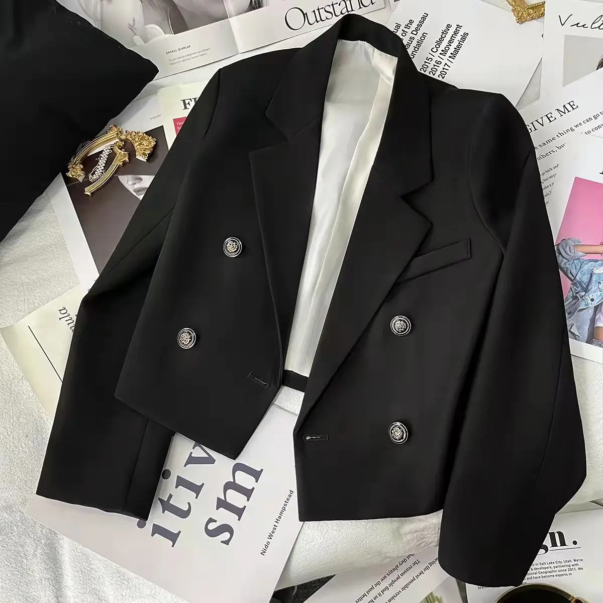 Cropped Jacket Black White Blazer Women Clothing Double-breasted Slim Autumn Coat Long Sleeve Korean Chic Streetwear Outerwear