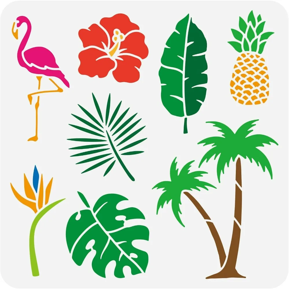 Tropical Coconut Tree Stencil 11.8x11.8inch Reusable Tropical Leaves Pineapple Flamingo Flower Pattern Template Animal Plant