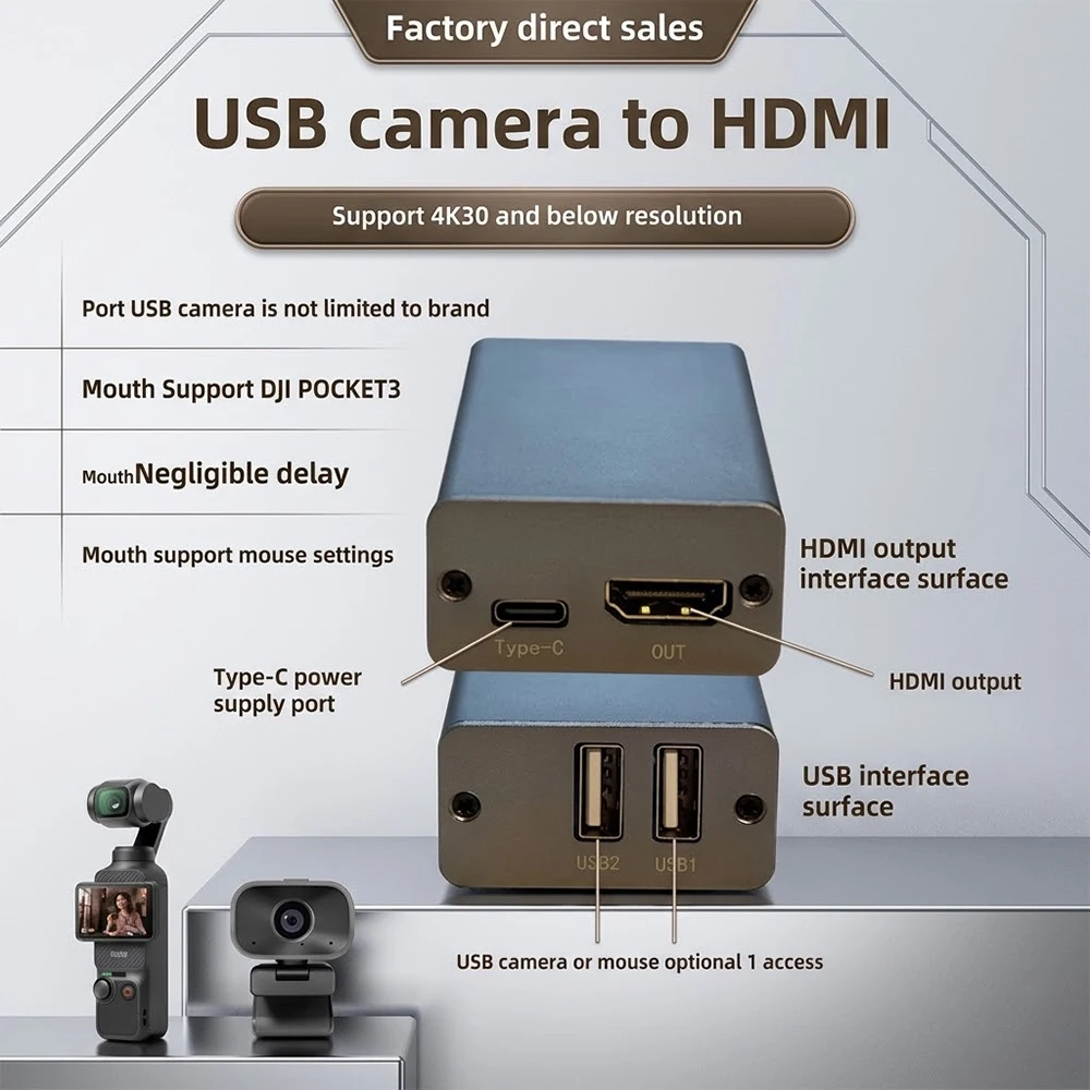 

Конвертер USB-камеры Pocket 3/Action 6 UVC в HDMI, выход USB 3.0 HDMI, 4K@30/60, питание от Type-C, низкая задержка, прямая трансляция
