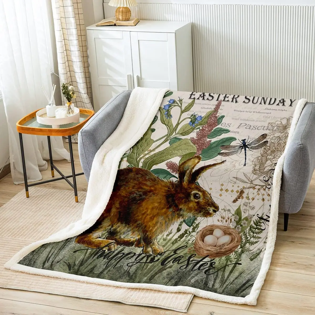 Vintage Bunny Rabbit Fleece Throw Blanket Happy Easter Plush Blanket for Kids Cartoon Rabbit Dragonfly Sherpa Blanket