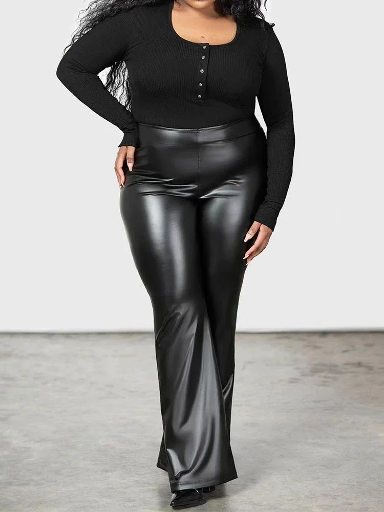 Plus Size Stretch Bodycon Pu Trousers 7XL Women High Waist Black Faux Leather Flare Pants Custom 6XL Office Lady Slim Pants New