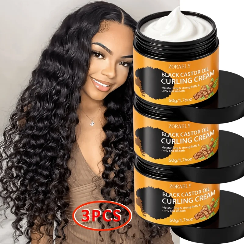 3pcs ZORAELY Black Castor Oil Curl Cream: Moisturising and Elasticity-Boosting, Ideal for Afro-Textured Hair, Braids and Twists.