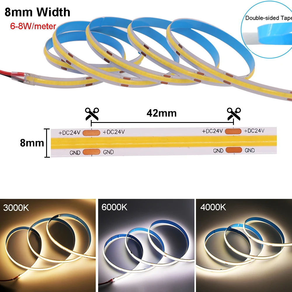 12V 24V COB LED Strip Light Flexible 3mm 5mm 8mm RA 90 384LEDs/m High Bright Tape Light Bar White Warm White Natural White Decor