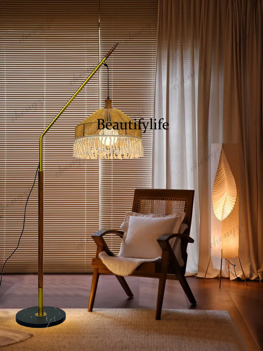 Medieval floor lamp living room sofa bed and breakfast bedroom rope weaving retro vertical floor lamp