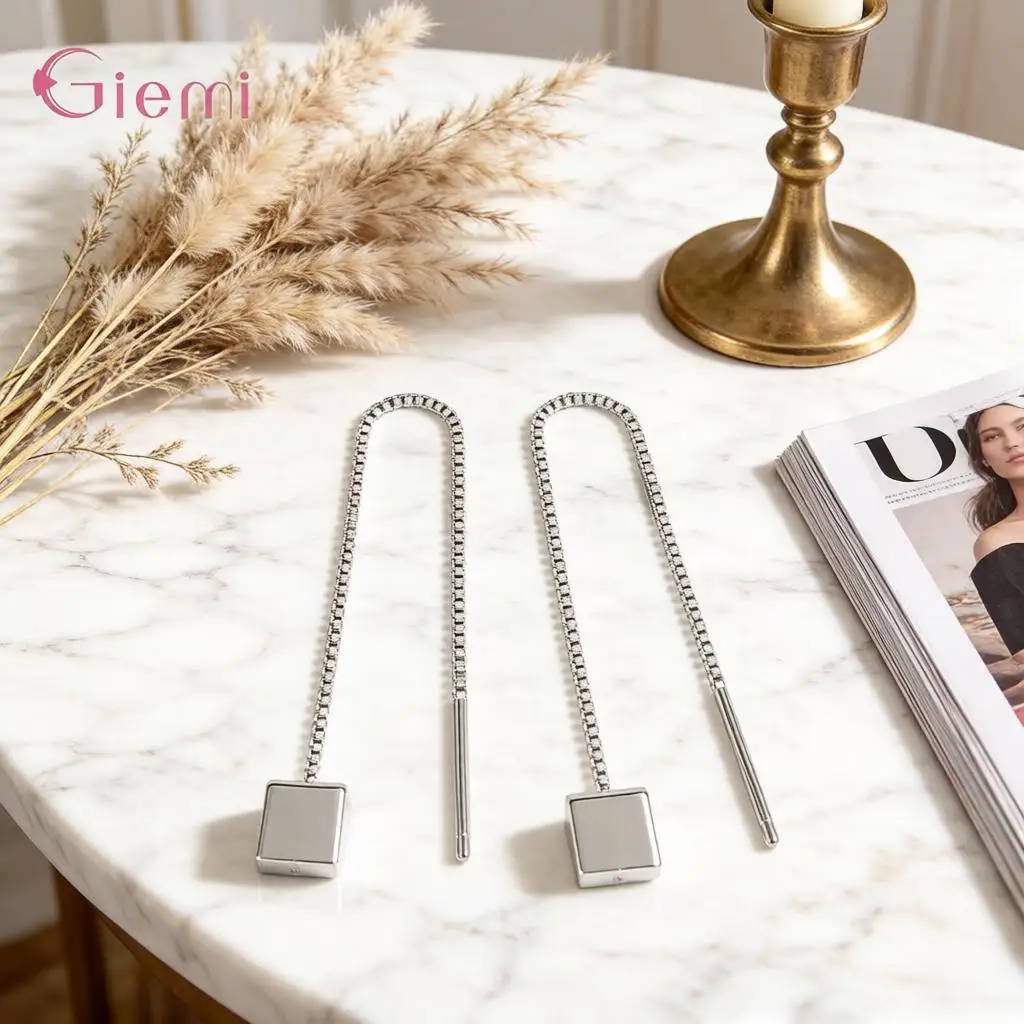 Simple 925 Sterling Silver Geometric Block Long Ear Line Drop Earrings for Women Girls Anniversary Party Fashion Jewelry Gifts