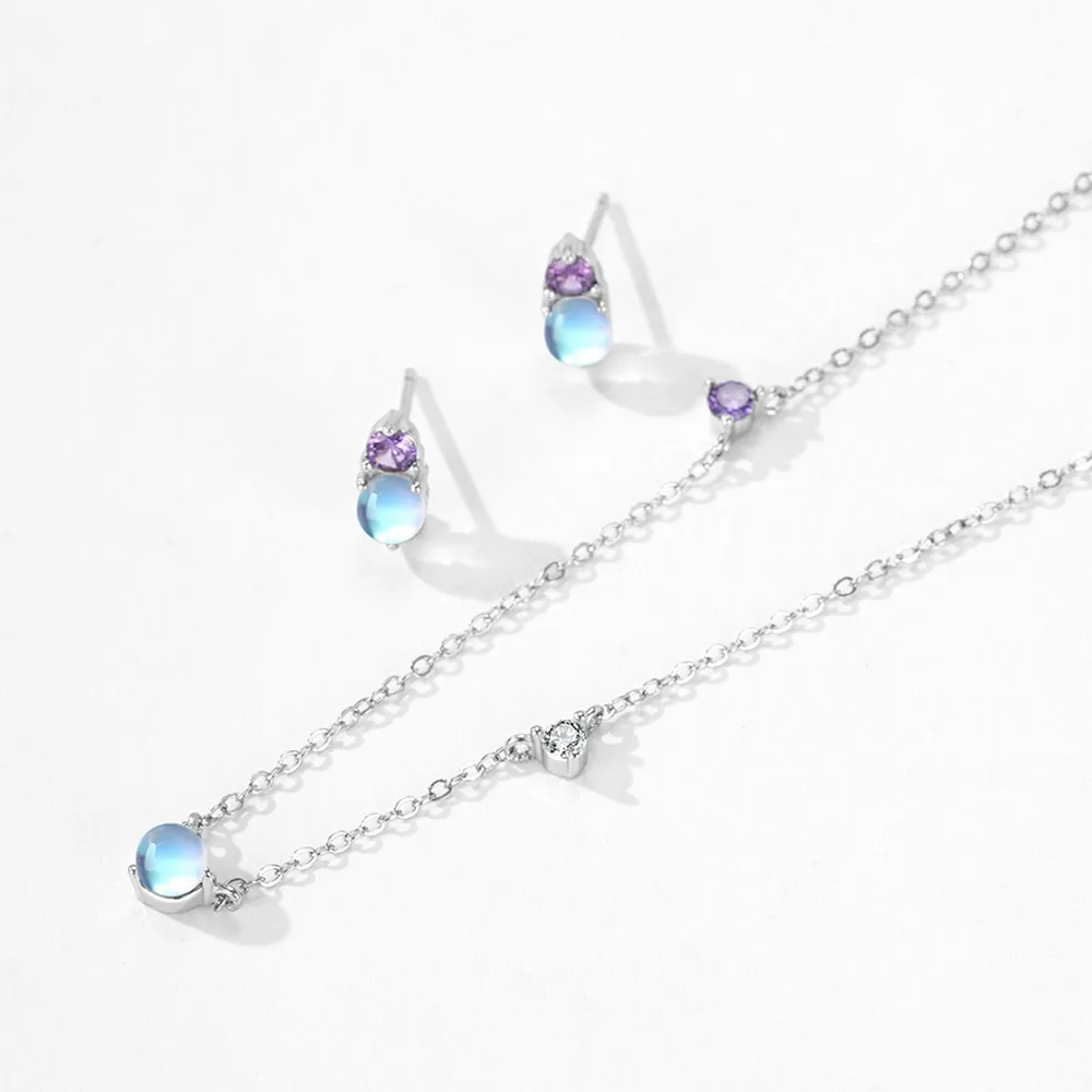 

S925 Sterling Silver Minimalist Moonstone Necklace and Ear Studs for Women - Niche, Versatile and Fashionable Jewelry Set