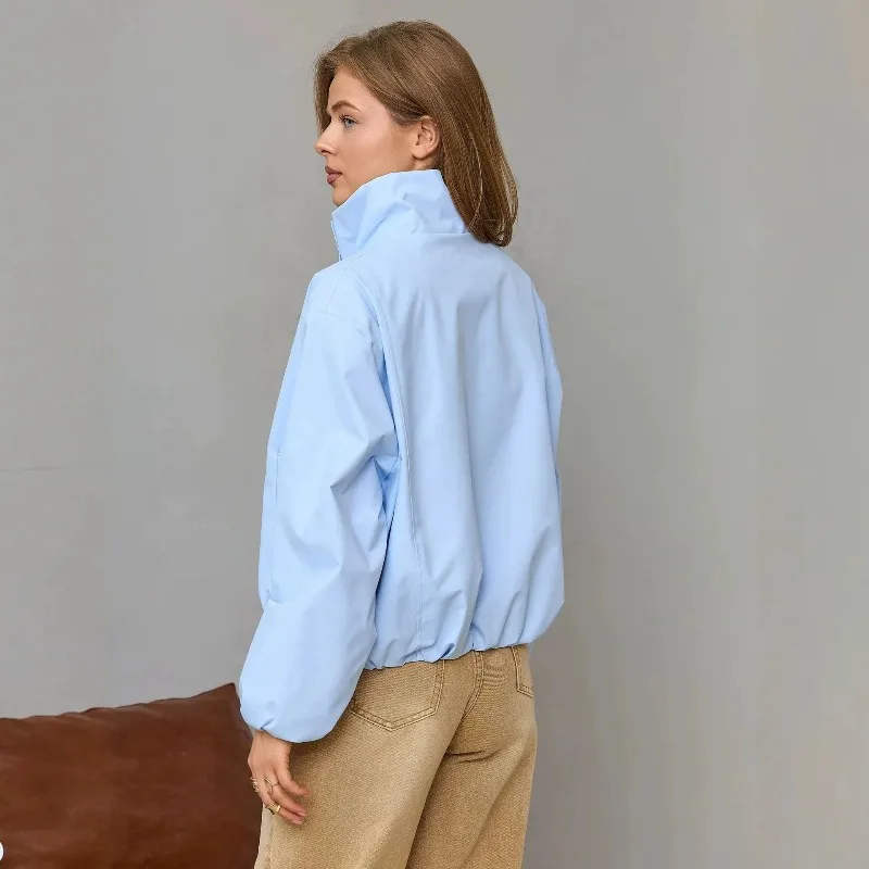 Women's Light Blue Stand Collar Cropped Windbreaker, Spring Autumn Loose Drop Shoulder Zip Up Casual Windproof Jacket