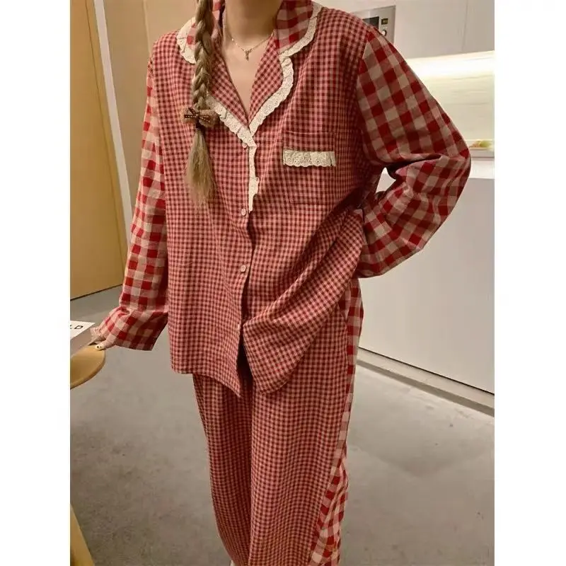 Plaid Pajama Sets Women Sweet Design Spring Pockets Fashion Sleepwear Ins Korean Style Vintage Home Wear Long Sleeve Soft Casual