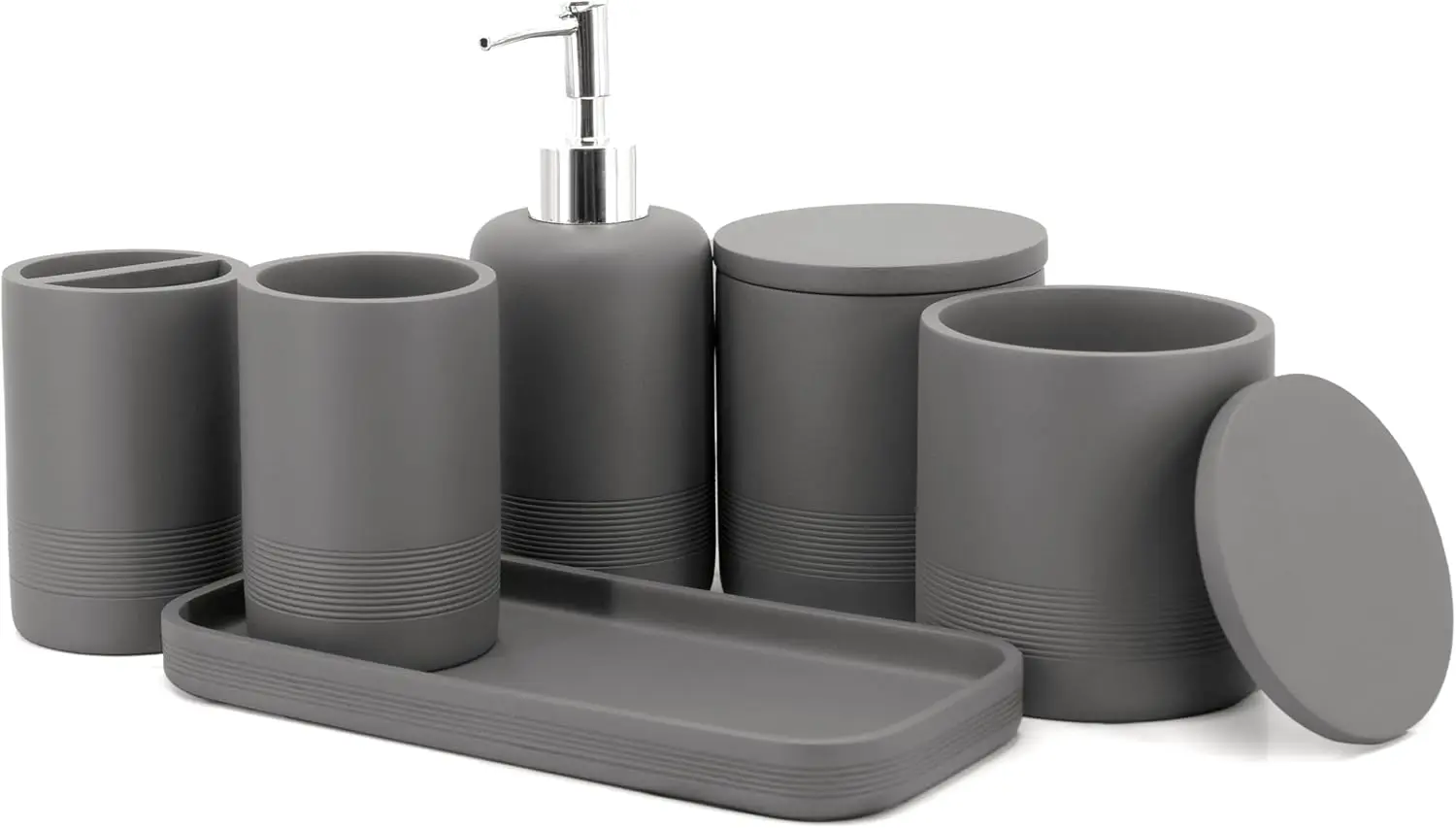 

Gray Bathroom Accessories Set 6 Pieces - Toothbrush Holder, Lotion Dispenser, Qtip Container, Vanity Tray, Tumbler - Counte