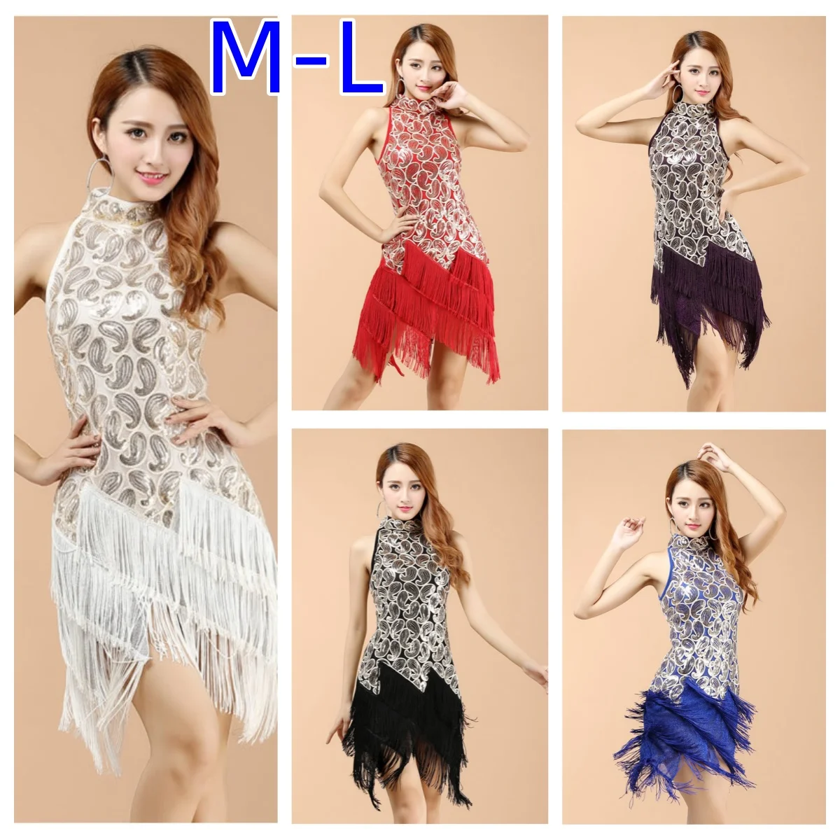 

2022 New Style Latin Dance Costumes Women Salsa Dancewear 5 Colors Sequins Tassel Sleeveless Ballroom Tango Competition Dresses