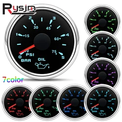 HD 7 Colors Backlight 0~5Bar 0~75PSI 0-10Bar 0-150PSI Oil Pressure Gauge 52MM Oil Press Meter Sensor for 12V/24V Auto Car Boat
