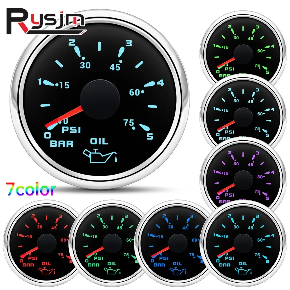 HD 7 Colors Backlight 0~5Bar 0~75PSI 0-10Bar 0-150PSI Oil Pressure Gauge 52MM Oil Press Meter Sensor for 12V/24V Auto Car Boat