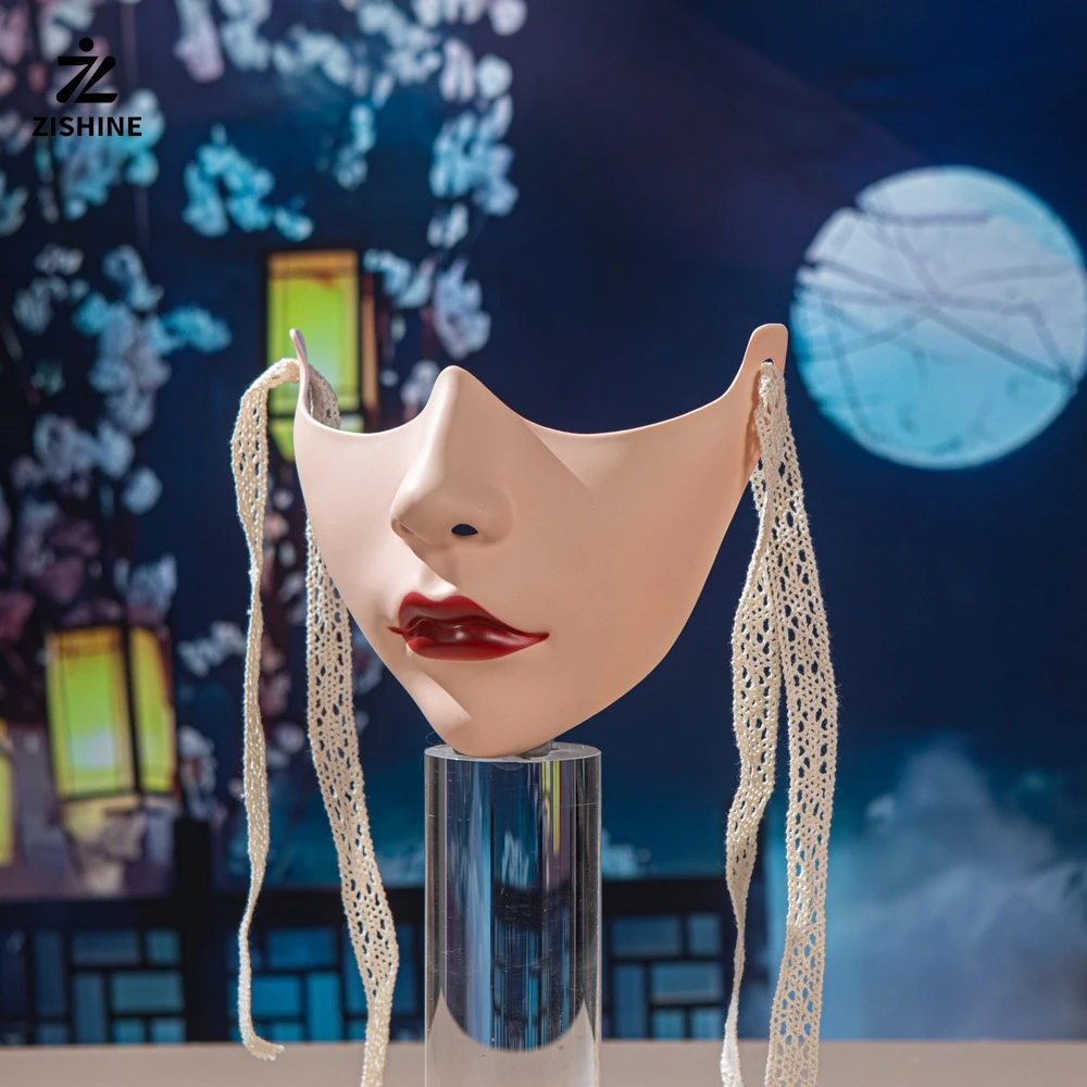 Red lip half-face cosplay prop, collectible half-face decoration, mechanical-style adult party mask for men and women.
