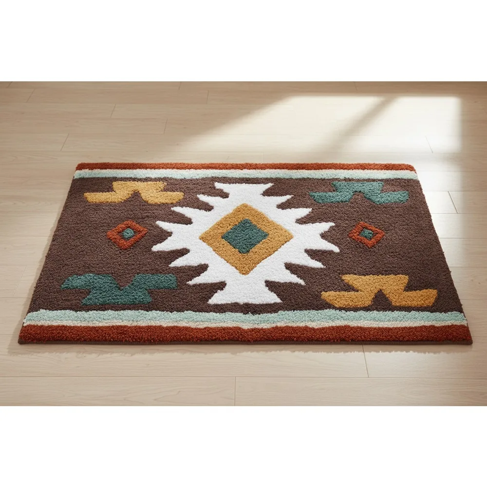 

Cotton Bath Mat, Aztec Inspired Bath Rug, Non-Slip Soft Bathroom Decor for Modern Home (20x30)