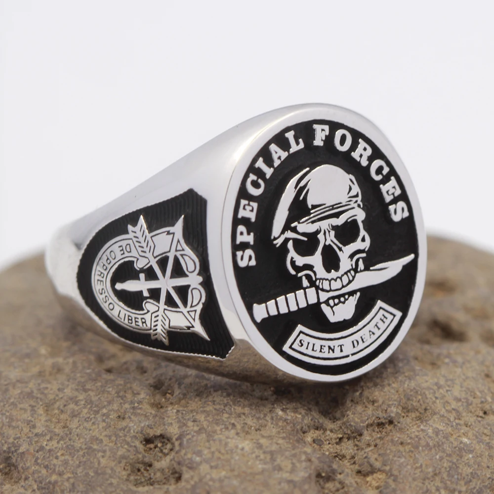 Mens Jewellery U.S. Army Special Forces Beret Skull Rings for Women Vintage Silver Color Silent Death Stamp Punk Gothic Jewelry