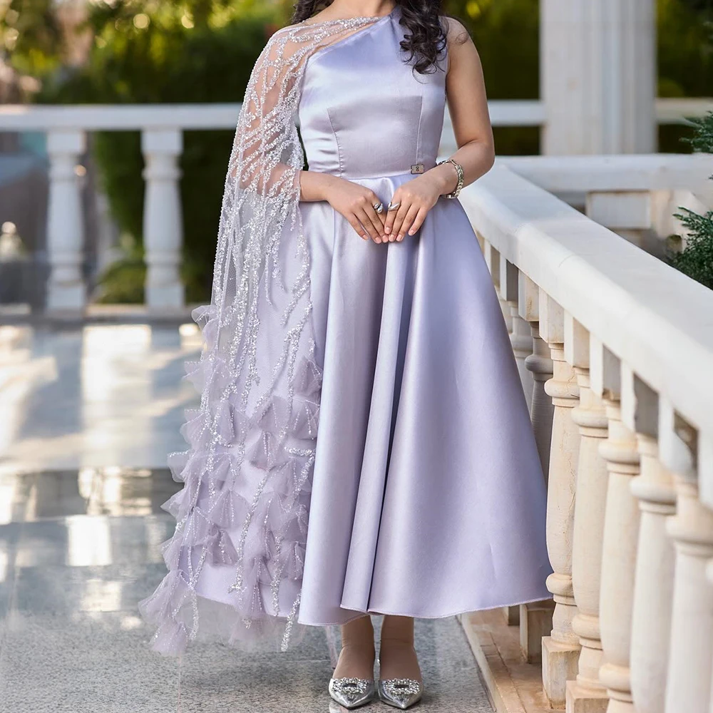 

Customized A-line Evening Dresses Ankle-length Boat Neck Sleeveless Prom Gown Fashion Sequined Stole Simple Draped Party Gown