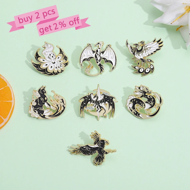 Cartoon Phoenix Fox Enamel Pins Costum Dragon Carved Alloy Brooch Science Fiction Movie Animal Badge Trendy Lapel Jewelry Gifts