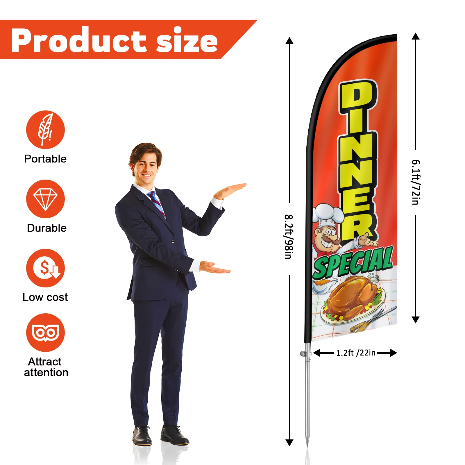 FSFLAG-The Dinner Special Feather Flag with Aluminum Flagpole, Advertising Outdoor Banner Decoration for Business, 280cm,1Pc