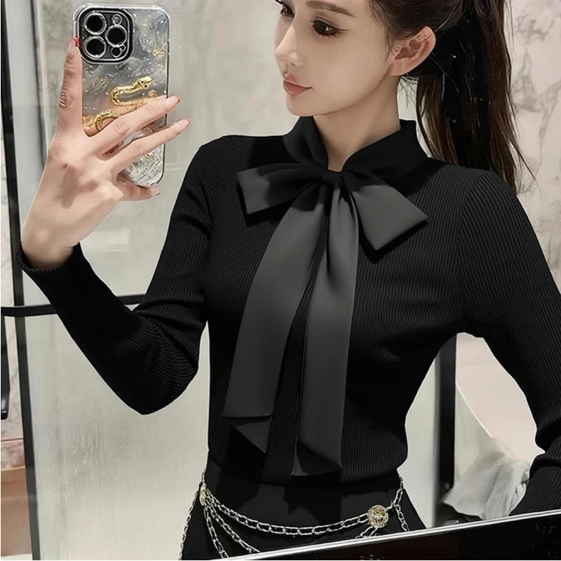 เสื้อยืดผู้หญิงทรงเข้ารูป ดีไซน์ผูกโบว์ แขนยาว สไตล์เรียบง่าย แฟชั่นเกาหลี สวยสง่า เหมาะสำหรับฤดูใบไม้ผลิและฤดูใบไม้ร่วง