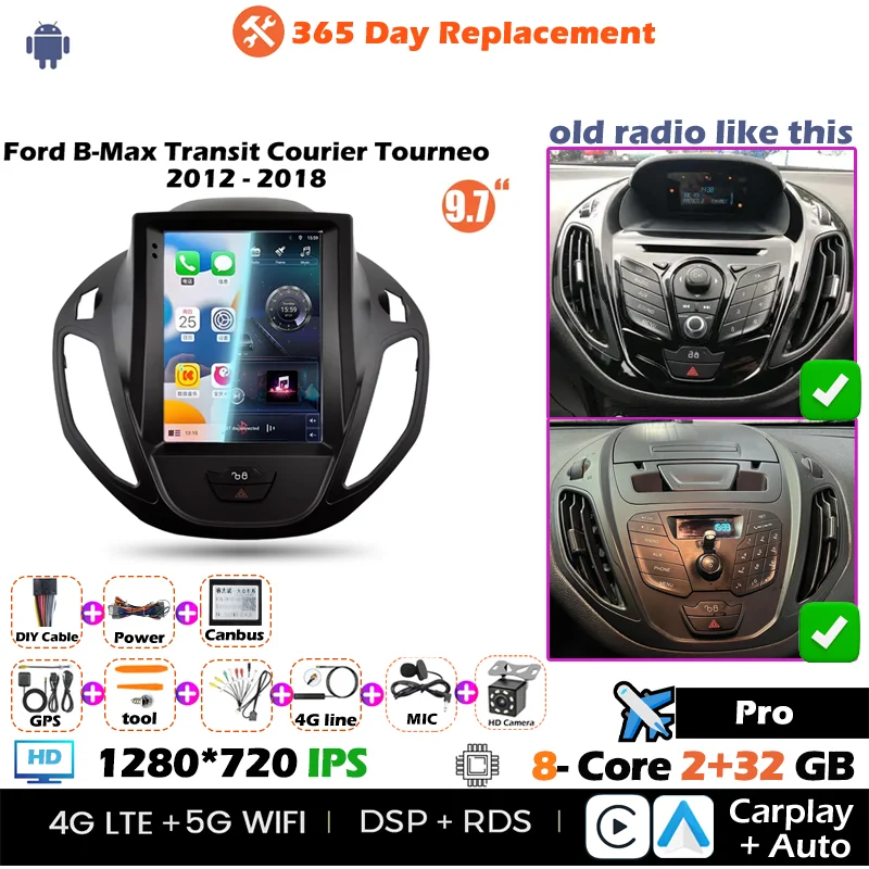 Nieuwste 9.7 "Multimedia Speler Upgrade voor Ford B-Max Transit Courier Tourneo 2012-2018 Android 13 Autoradio CarPlay Android Auto