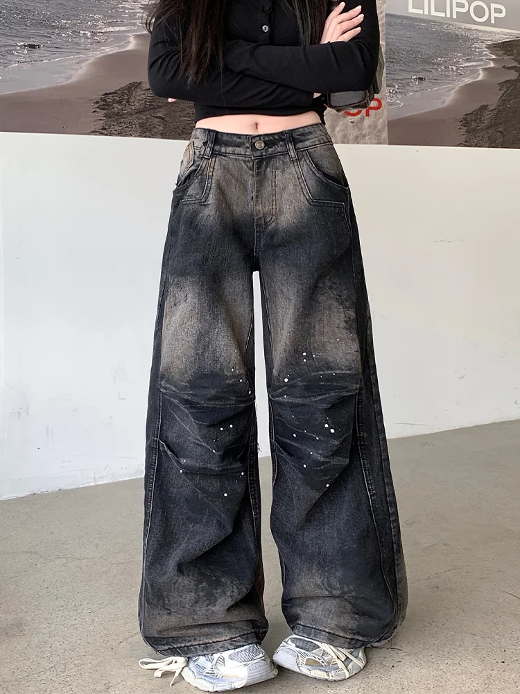 Women's Black Gothic Cargo Baggy Jeans Y2K Japanese Harajuku High Waist 2000s Style Fashion Vintage Jeans Pants Clothing 2025