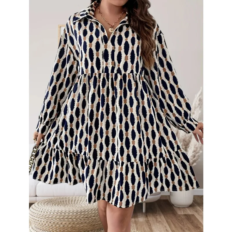 

Plus Size 1XL-5XL New Summer Women's Casual Long Sleeved Lapel Printed Dress Elegant Women Fashion Dress