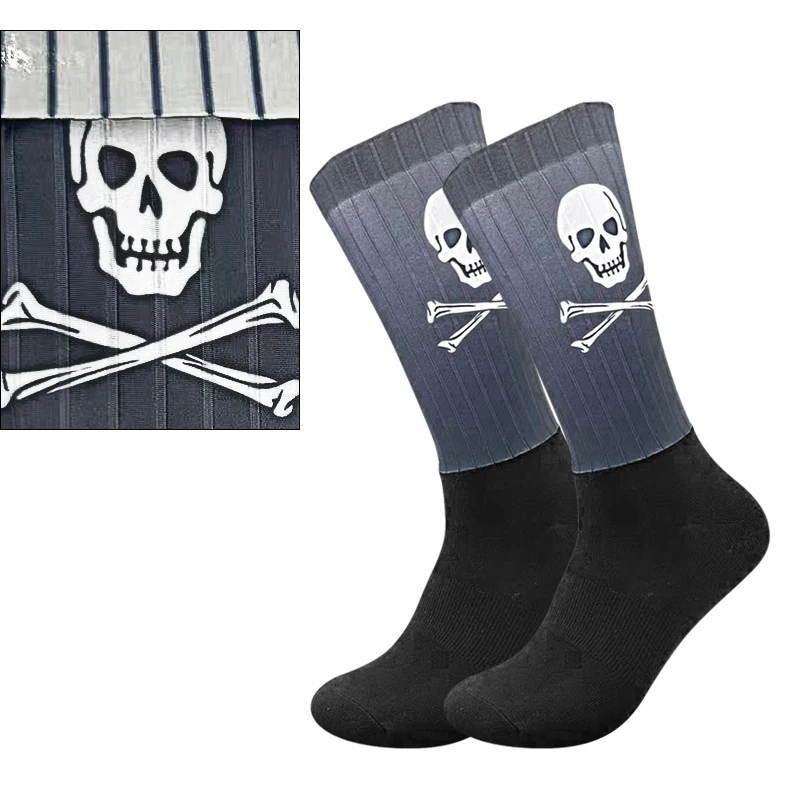 New Men Women Sock Mouth Anti-Skid Silicone Cycling Socks Middle Tube Skull Pattern Casual Outdoor Sports Socks