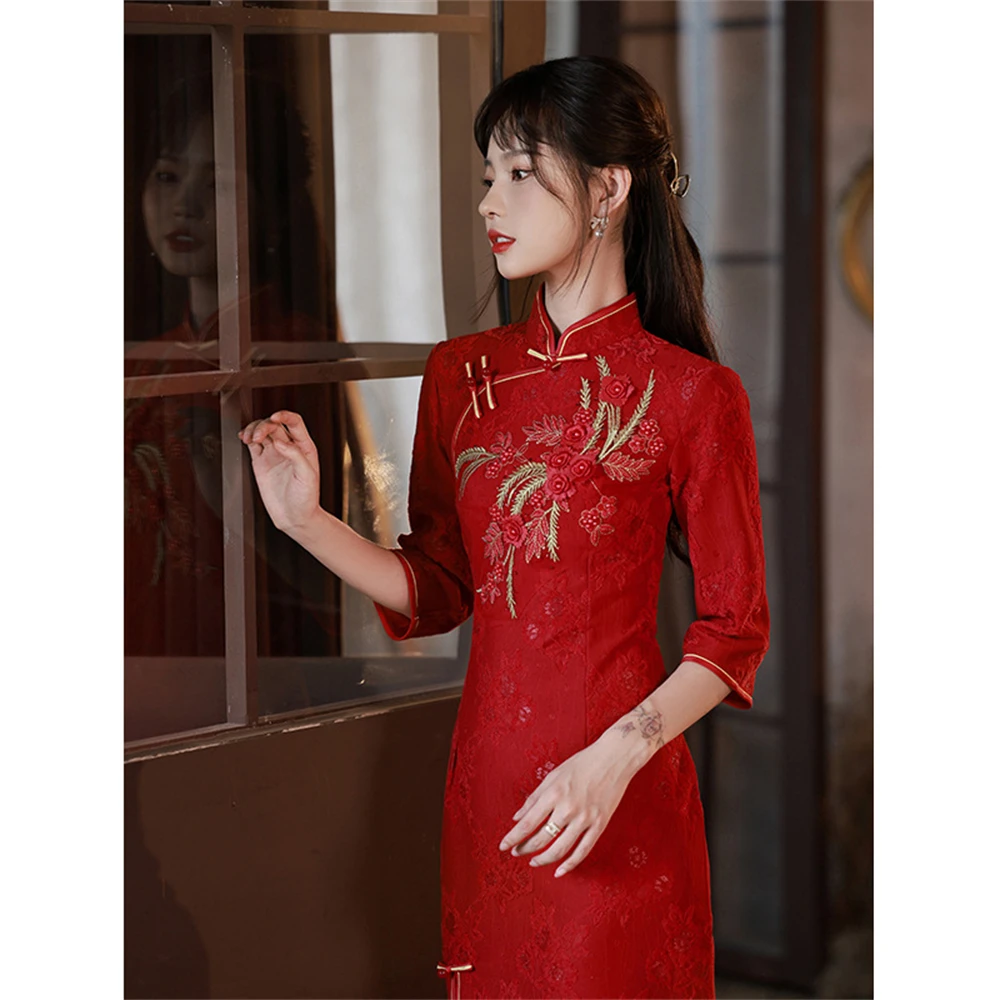 

New Chinese Style Improved Cheongsam Bride Wedding Engagement Toast Dress Female Summer Slim Embroidery Jacquard Qipao Vestidos