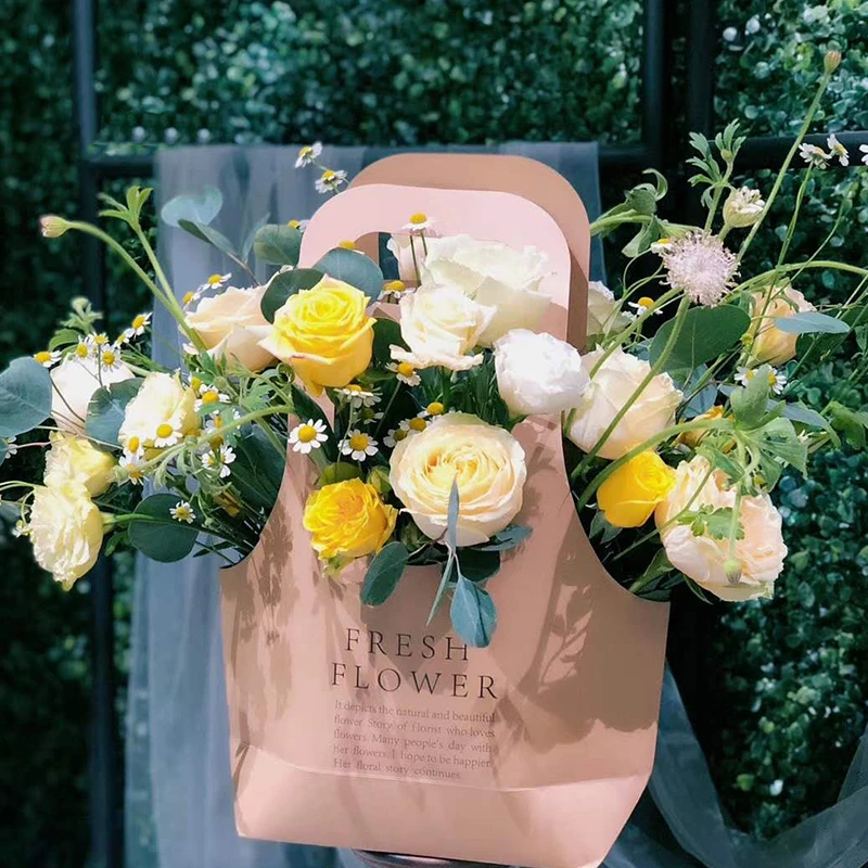 Korean Portable Flower Box, Kraft Paper Flower Bouquet Arrangement Packaging Bag, Creative Waterproof Gift Bag, 5Pcs
