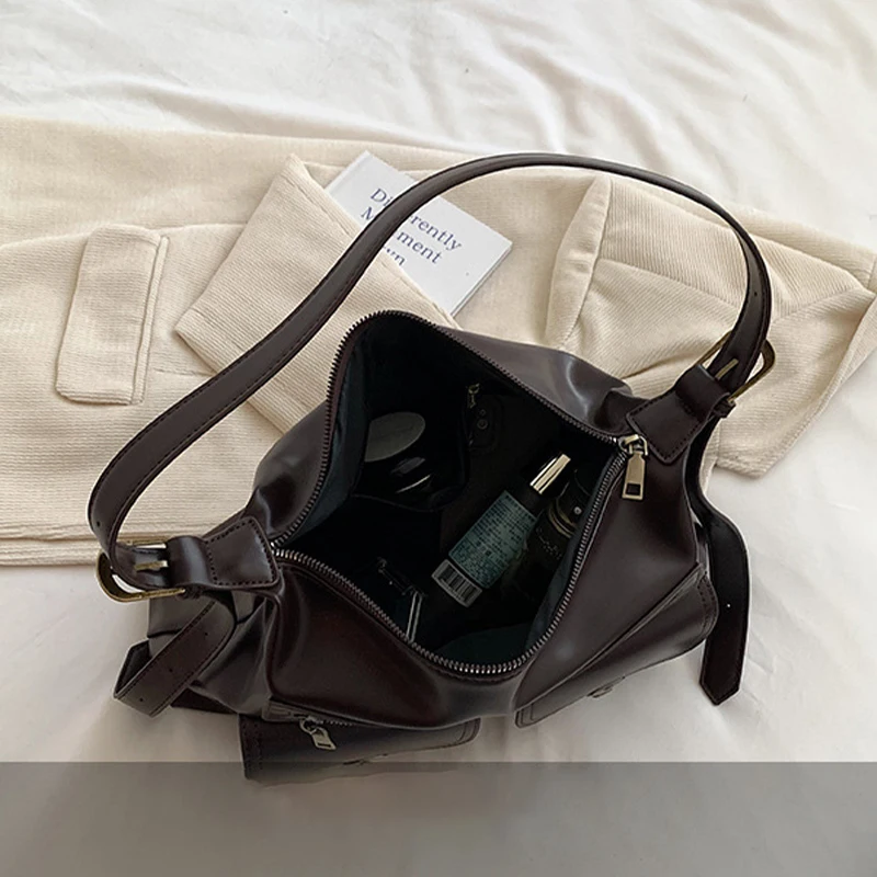 Vintage Womens Bag Black Pu Leather Shoulder Bag Large Capacity Hand Bag Zip Crossbody Bag Shoulder Tote Autumn and Winter