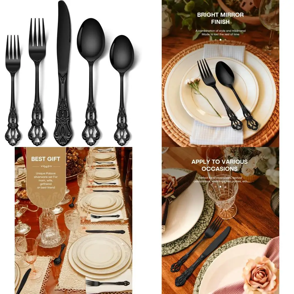 

«Стильный ретро-набор столовых приборов из нержавеющей стали на 12 человек в черном и серебре»