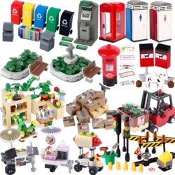 MOC Food Stall Building Blocks Call Box Toilet City Street View Pizza Hot Dog Ice Cream Trolley DIY Flower Bed Church Bricks Toy