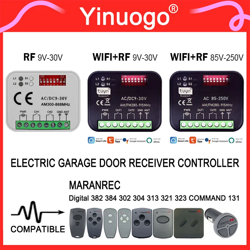 

TUYA RX-MULTI Garage Door Receiver 9-30V 85-250V 2CH For Marantec Digital 382 384 302 304 313 321 323 868 868MHz Remote Control