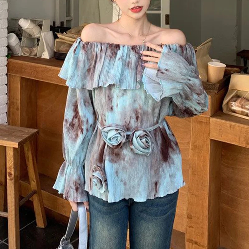 Oversized Vintage Tie Dye Ruffles Gradient Color Lacing Loose Slash Neck Long Sleeve Blouse Femme Fashion Pleated Trend Top Tee