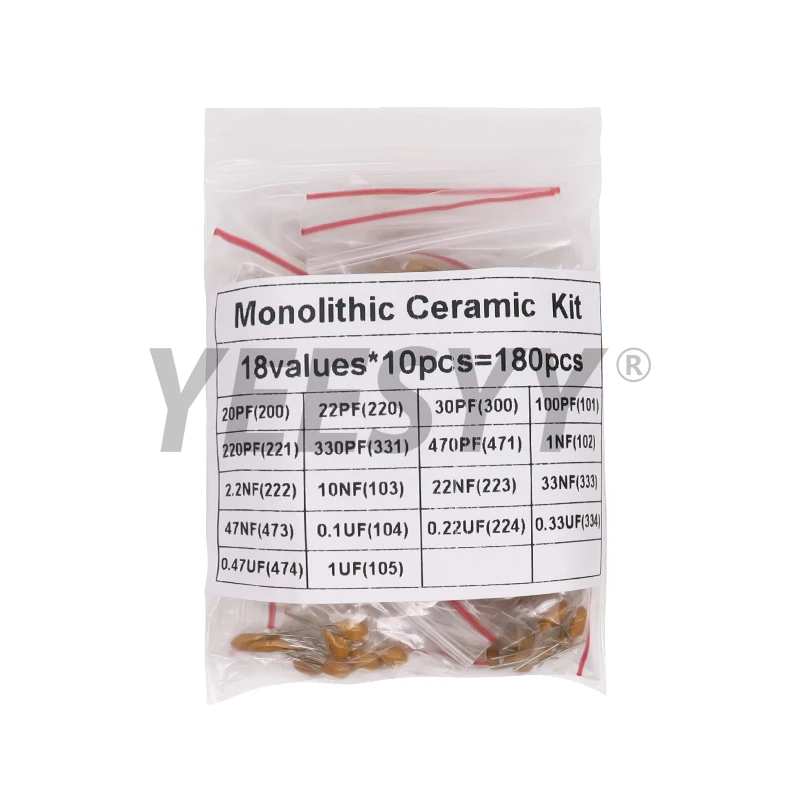 모노리식 세라믹 캐패시터 키트, DIY 커패시턴스 모듬 세트, 50V, 20pF-1uF, 18 값 * 10 개 = 180 개