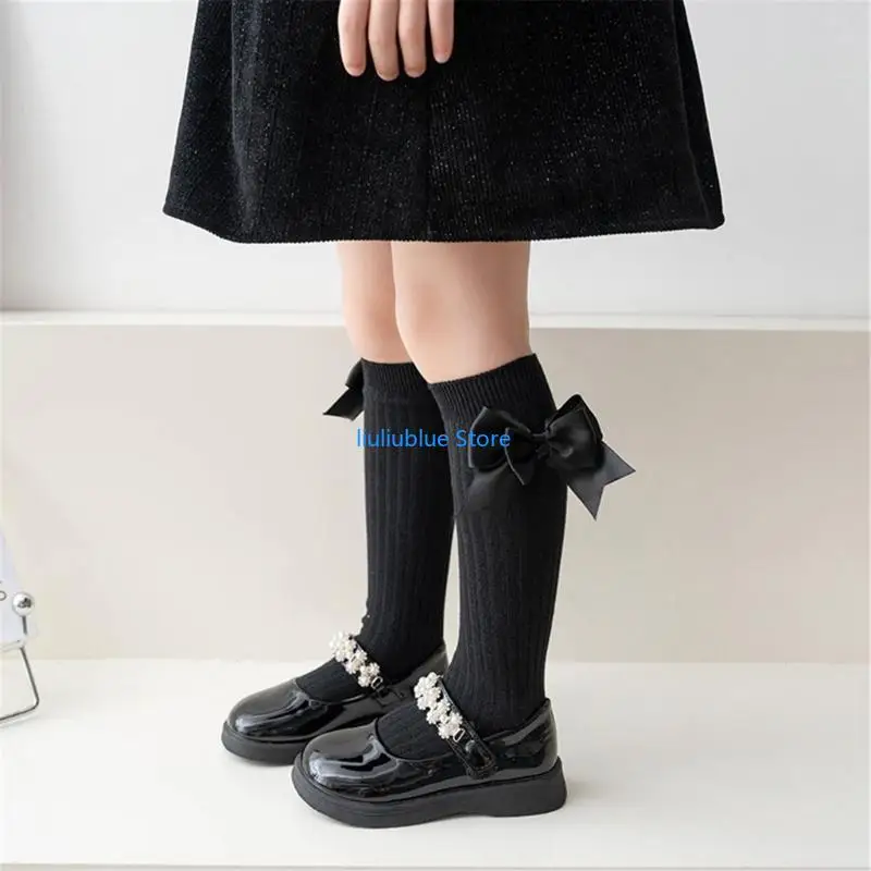 

Girls Ribbons Bows Knee High Socks Long Stockings Bow Back to School Socks 62CF