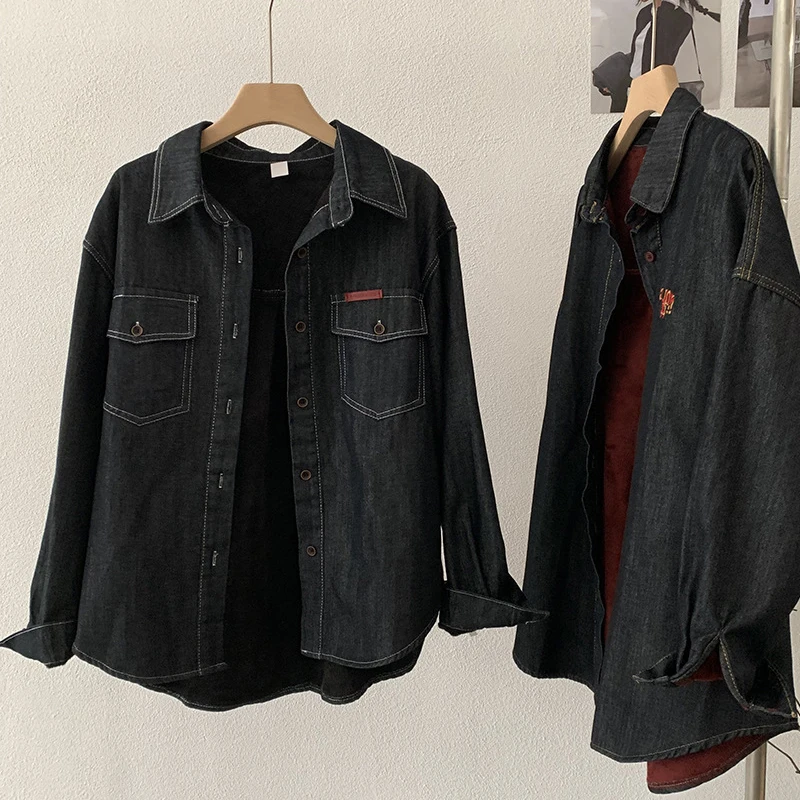 التلبيب المخملية المرأة الدنيم سترة الخريف الشتاء موضة كم طويل فضفاض معطف دافئ منتصف طول الإناث ملابس خارجية سميكة القمم #1